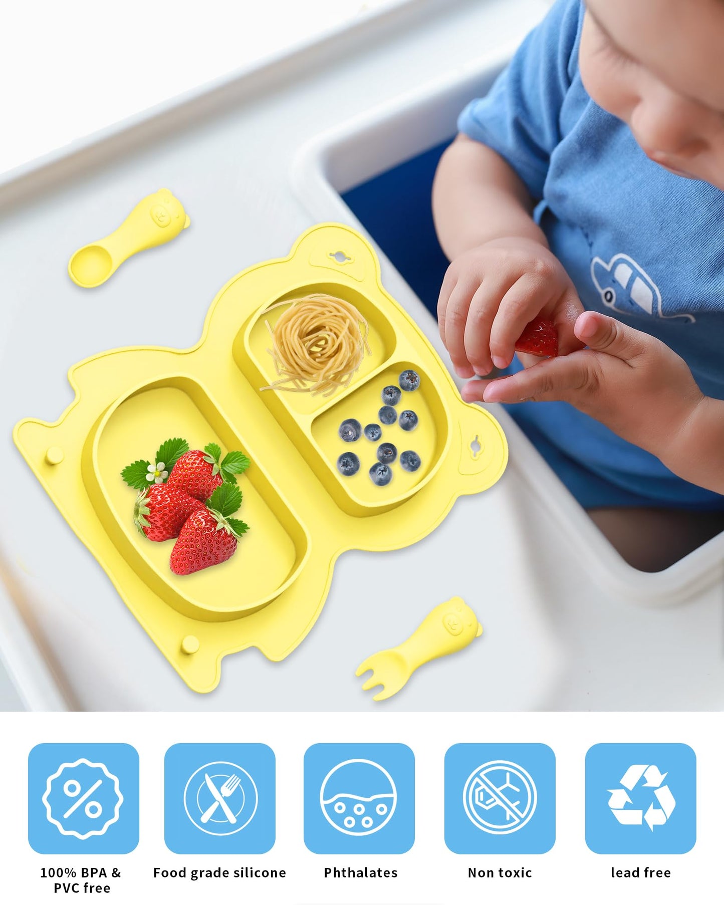 Set de plato dividido con cubiertos y babero de Silicon