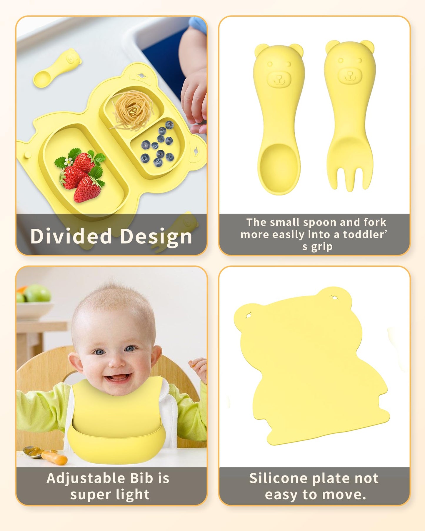 Set de plato dividido con cubiertos y babero de Silicon