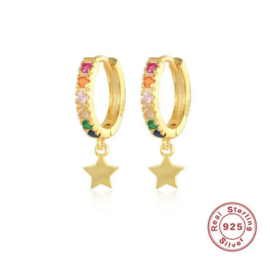Argollitas estrella colorida para niña, plata 925