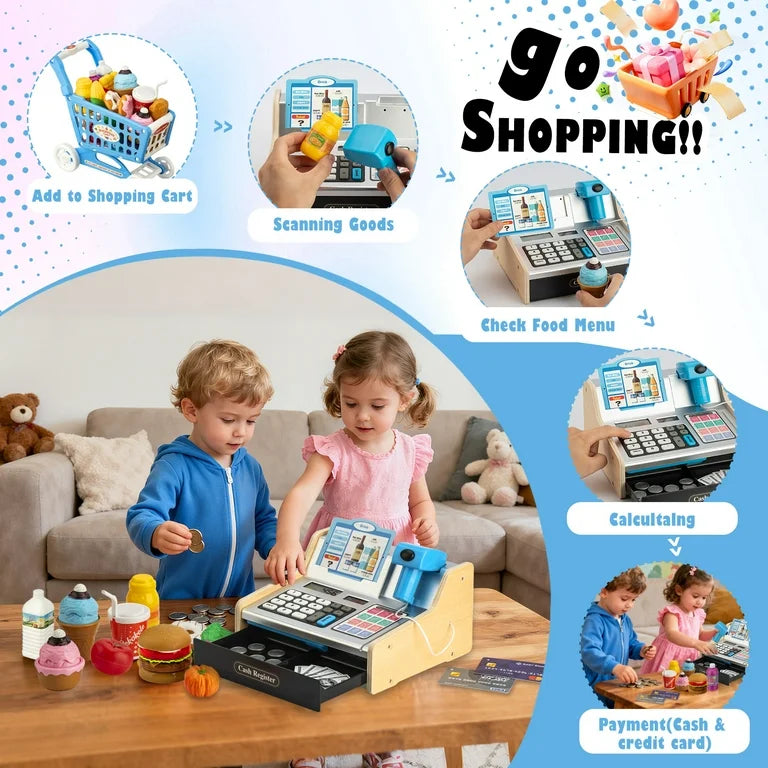 VROGTIK Caja Registradora de Juguetes de Madera con Escáner Realista para Niños