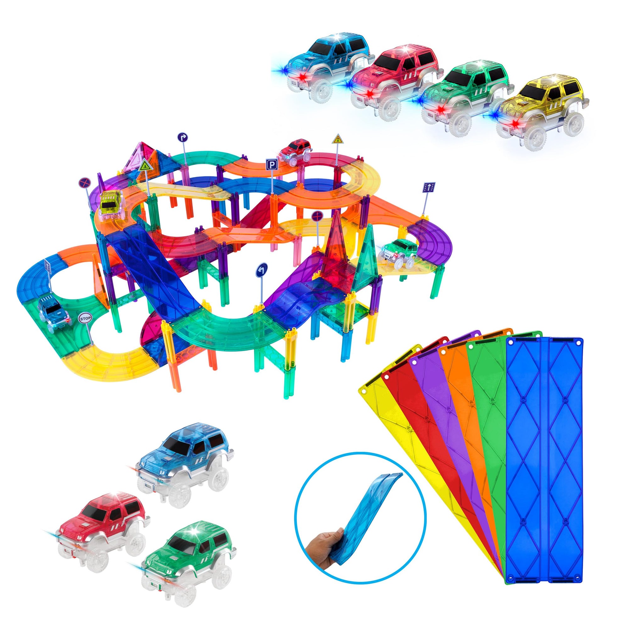 PicassoTiles Paquete de 150 unidades magnéticas de carreras + 3 camiones con luz LED + 6 azulejos de rampa de expansión