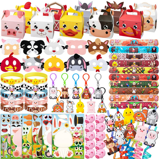 Juego de recuerdos de fiesta de cumpleaños de animales de granja, 82 unidades, máscaras de animales de granero, llaveros y pulseras de paja, pulseras de goma, regalo para niños