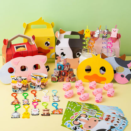 Juego de recuerdos de fiesta de cumpleaños de animales de granja, 82 unidades, máscaras de animales de granero, llaveros y pulseras de paja, pulseras de goma, regalo para niños