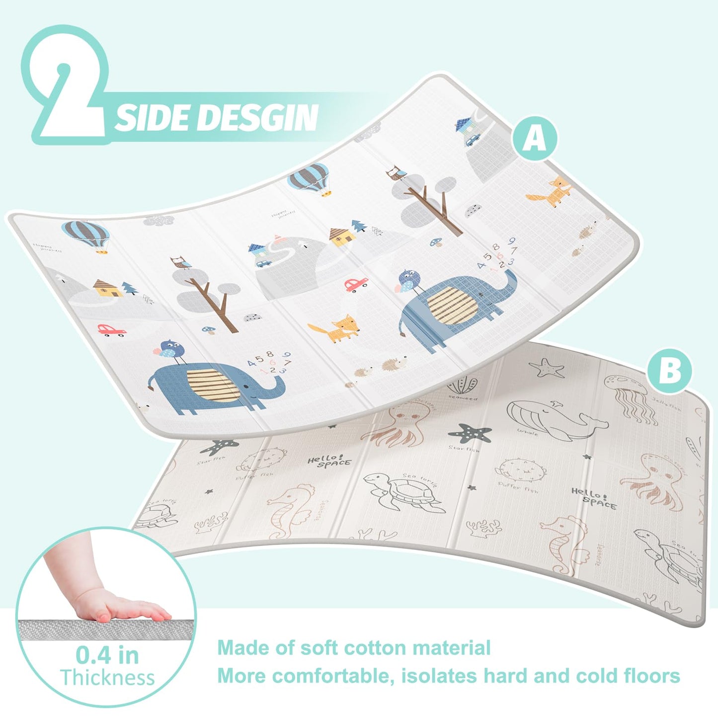 Alfombra plegable para bebé, diseño de doble cara, 79 x 59 pulgadas, impermeable, antideslizante