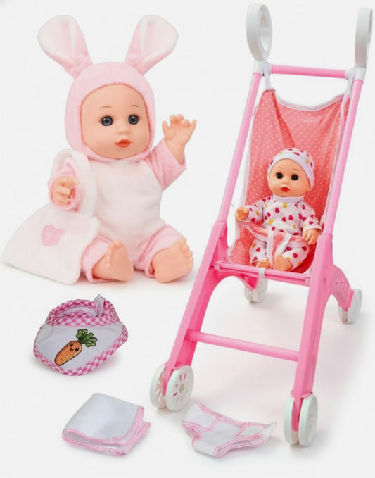 Juego de Cochecito Muñeca Bebé PLAYFULBAY con 2 Trajes