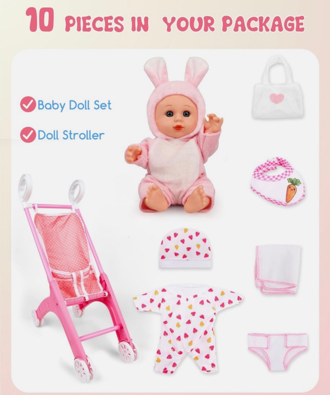 Juego de Cochecito Muñeca Bebé PLAYFULBAY con 2 Trajes