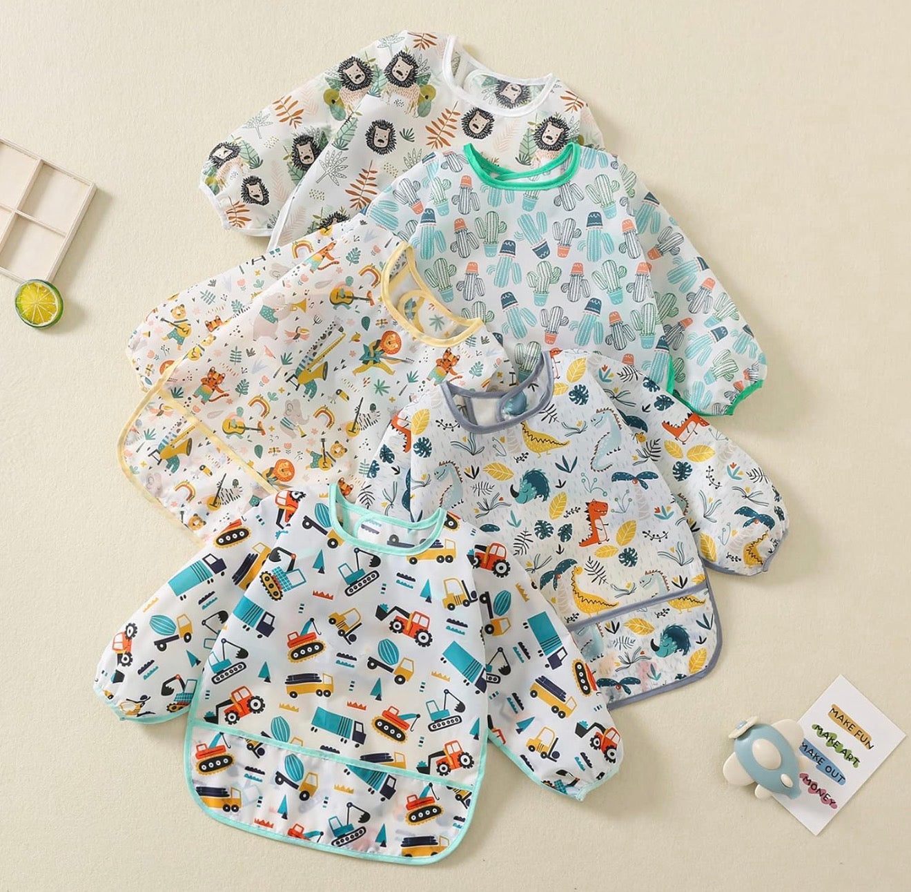 Paquete de 5 baberos de manga larga, impermeables para bebés de 6 a 30 meses