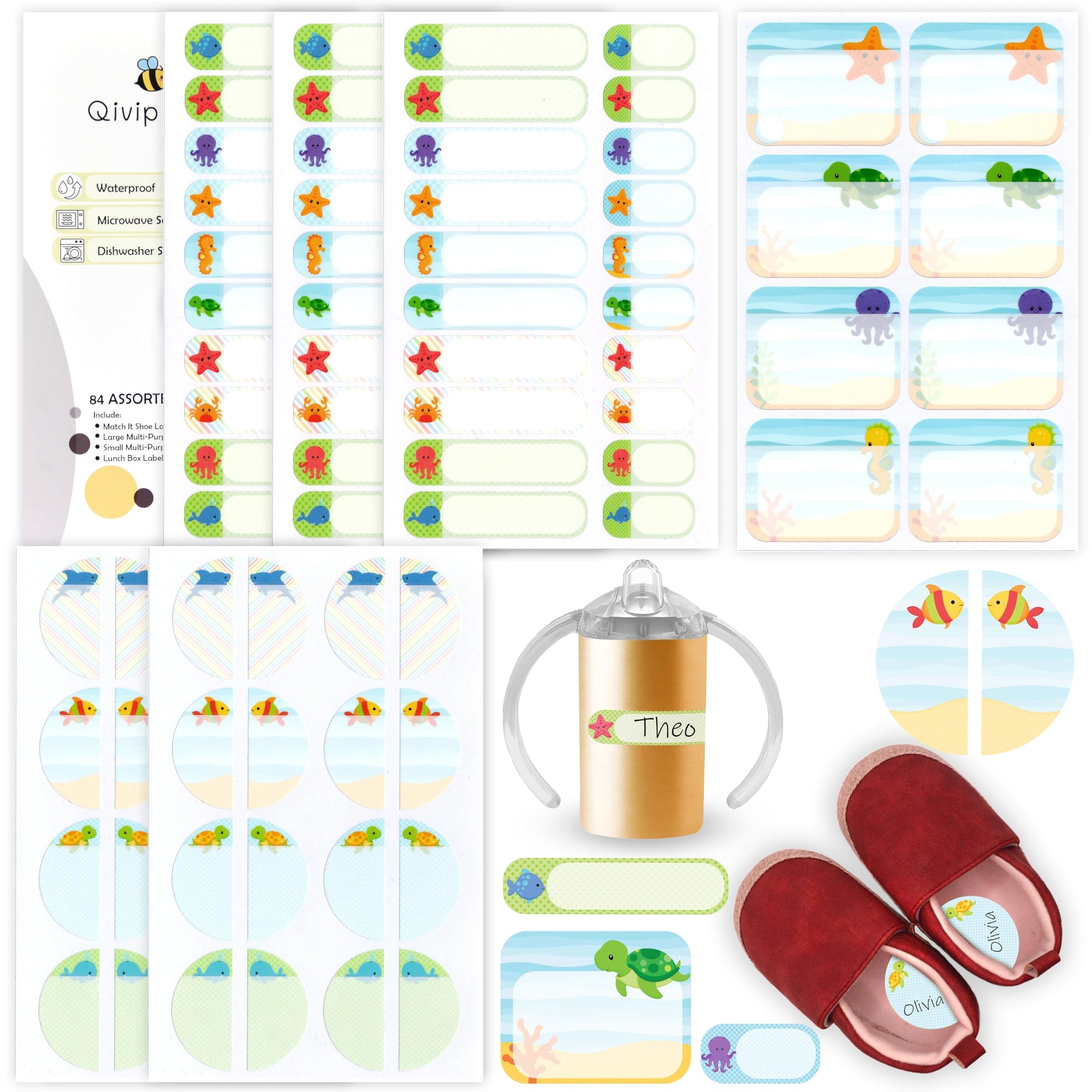 QIVIP - Etiquetas de nombre multiusos surtidas, impermeables, aptas para lavavajillas, microondas, autolaminadas, 85 piezas