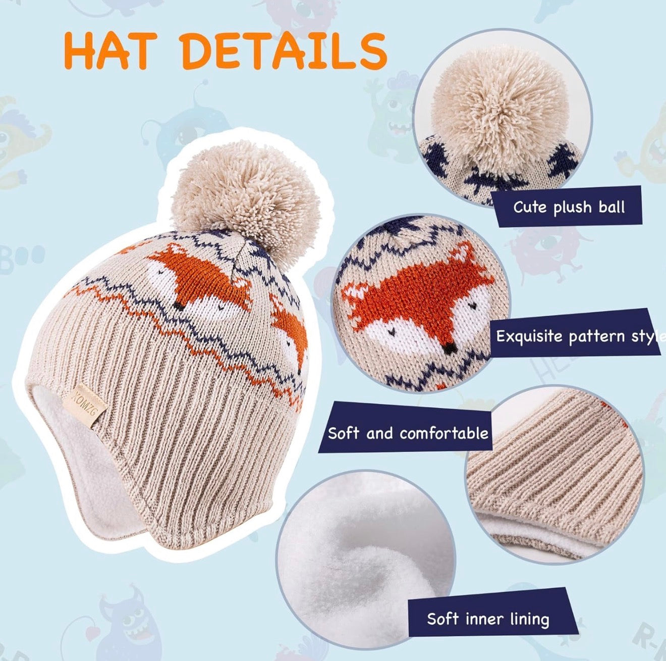 Gorro de punto para niños pequeños con orejeras con forro polar para niños