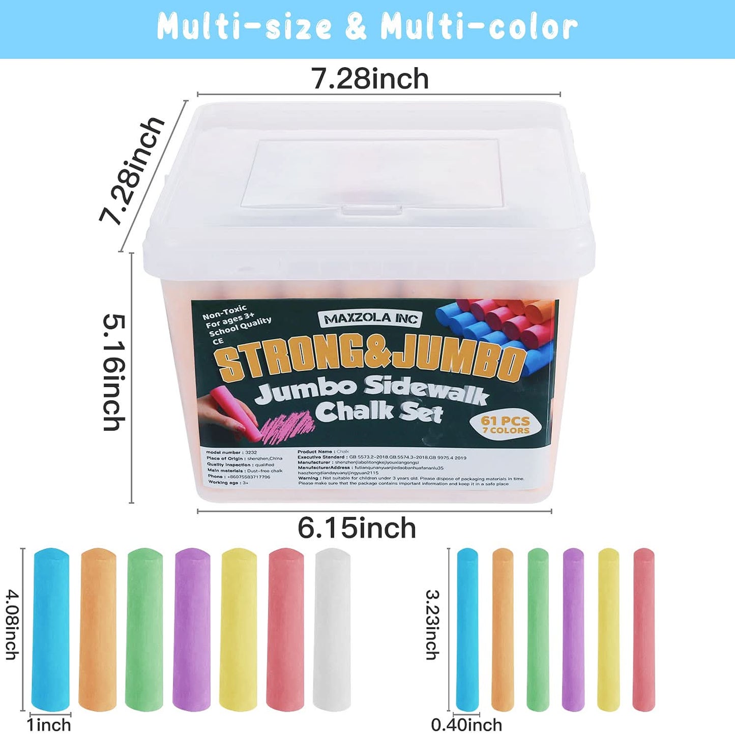 61 PCS Jumbo Sidewalk Chalks Set for Kids, 7 Colors