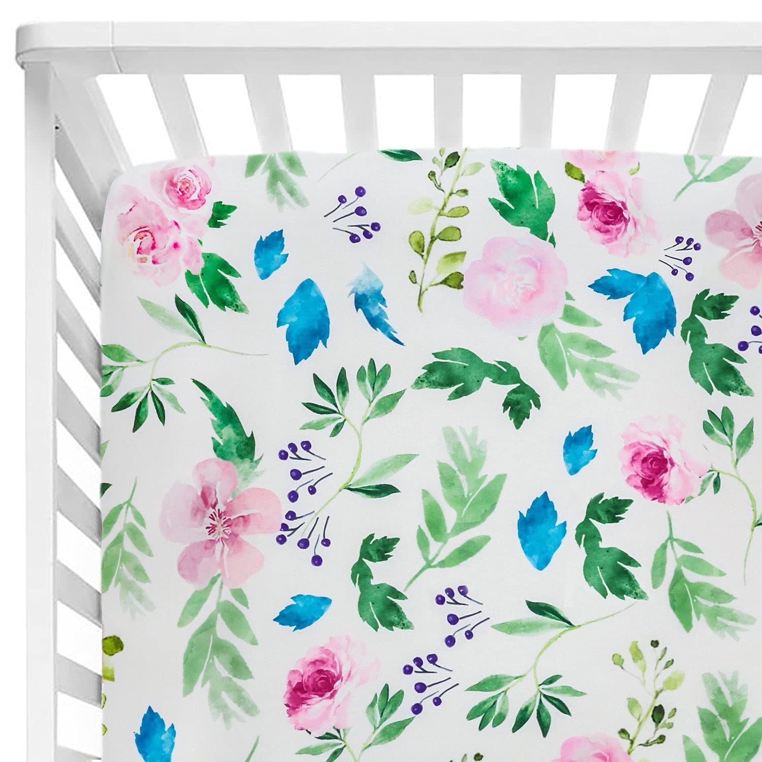 HOMRITAR Sábana floral para cuna, 28 x 52 x 9 pulgadas, acuarela Bluch