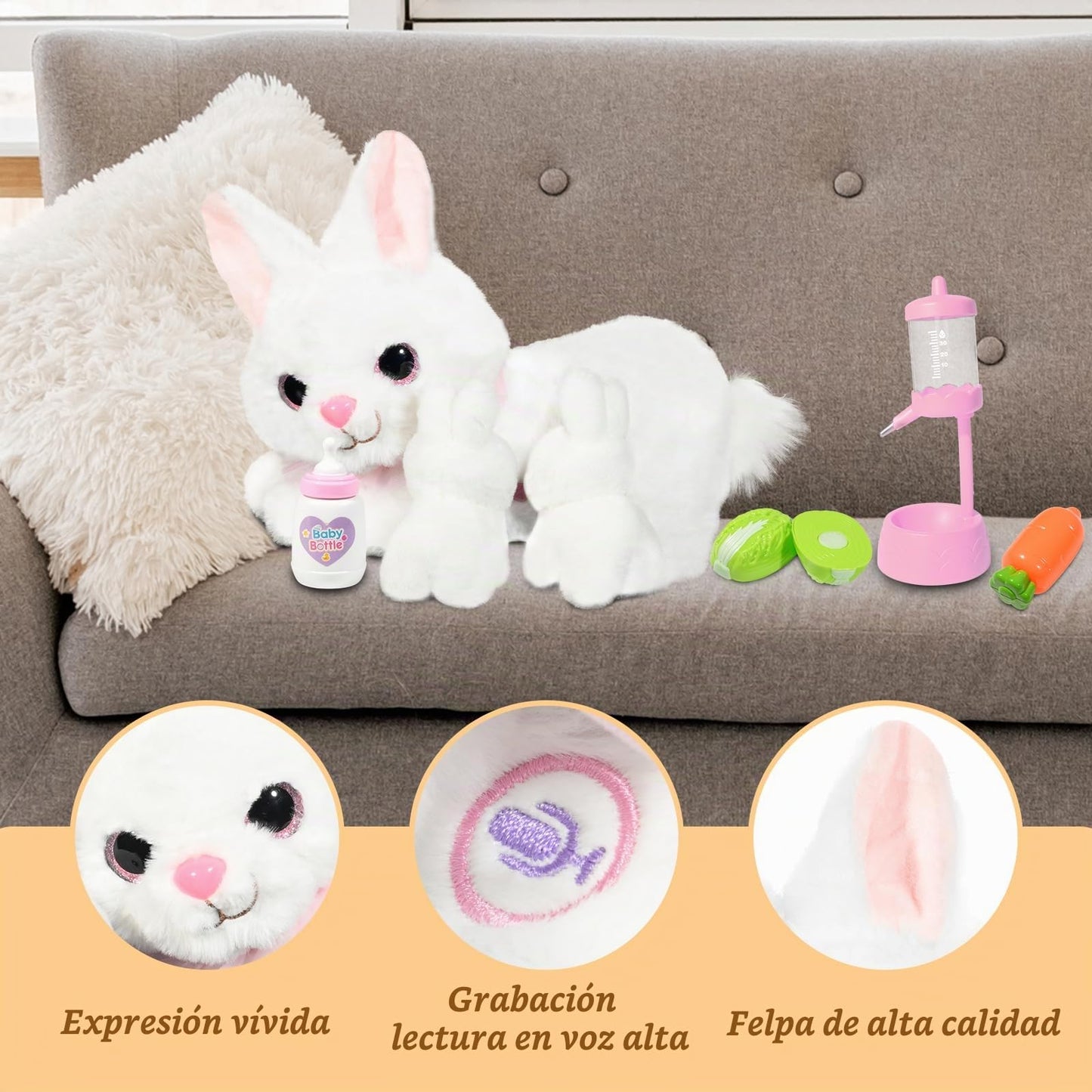 Conejo de peluche con 2 bebés de felpa interactivo