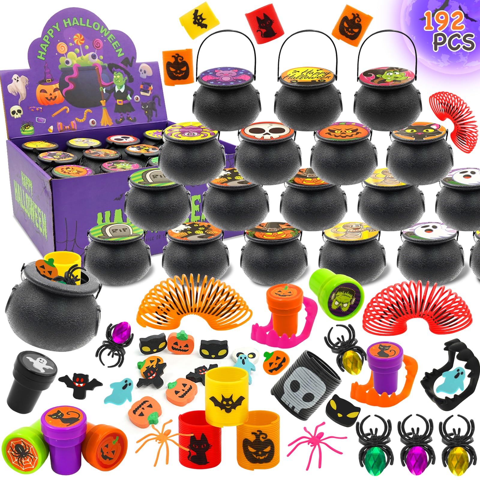 192 piezas de recuerdos de fiesta de Halloween, paquete de 24 juguetes de caldero de bruja de plástico