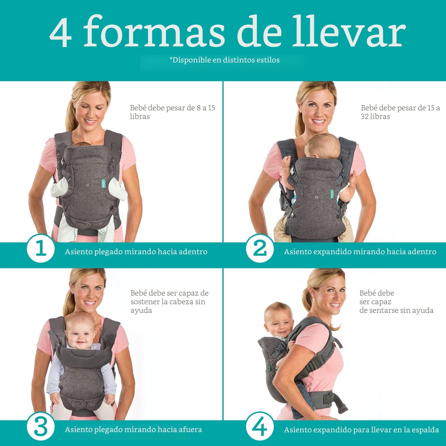 Infantino Flip - Portabebés convertible 4 en 1, ajustable, porteo ergonómico