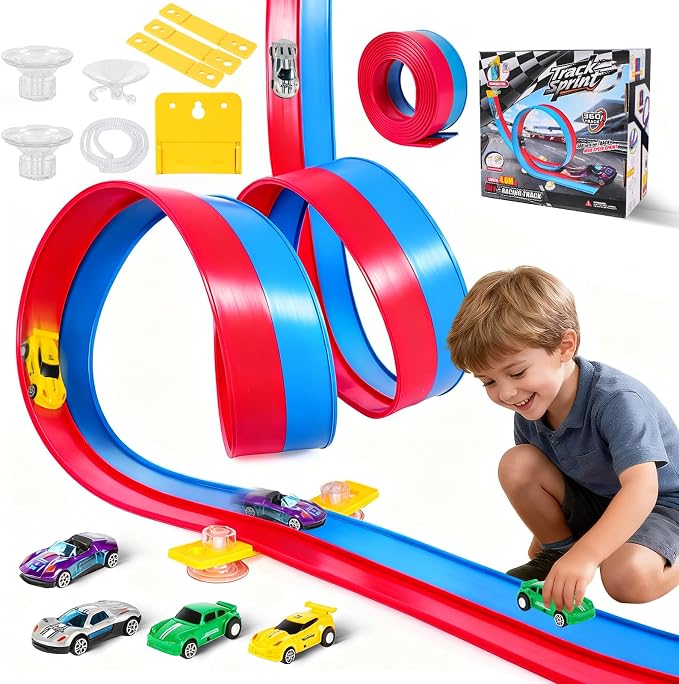 FizzJoy pista flexible para coches de carreras de 4,6 m; incluye 4 coches de aleación