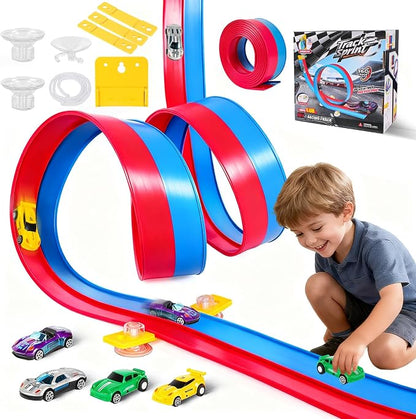 FizzJoy pista flexible para coches de carreras de 4,6 m; incluye 4 coches de aleación