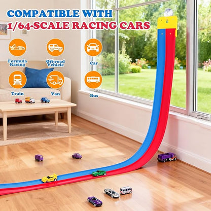 FizzJoy pista flexible para coches de carreras de 4,6 m; incluye 4 coches de aleación