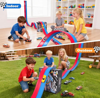 FizzJoy pista flexible para coches de carreras de 4,6 m; incluye 4 coches de aleación