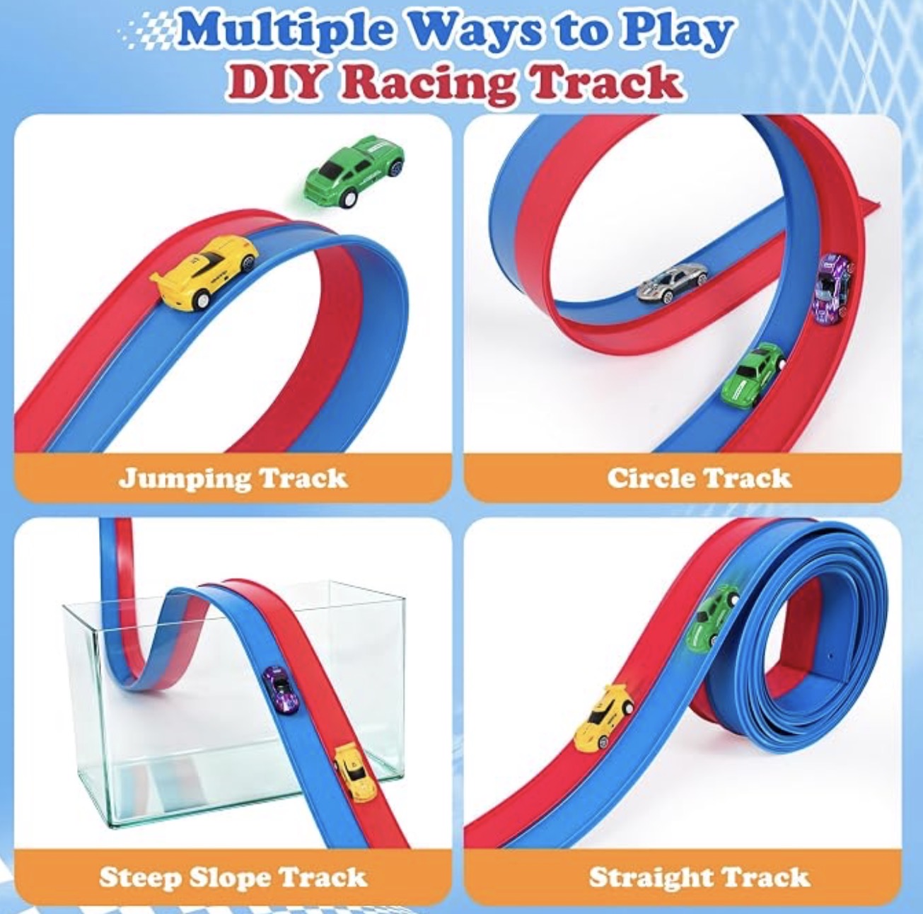 FizzJoy pista flexible para coches de carreras de 4,6 m; incluye 4 coches de aleación