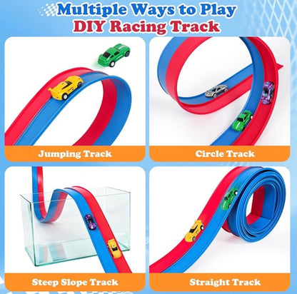 FizzJoy pista flexible para coches de carreras de 4,6 m; incluye 4 coches de aleación
