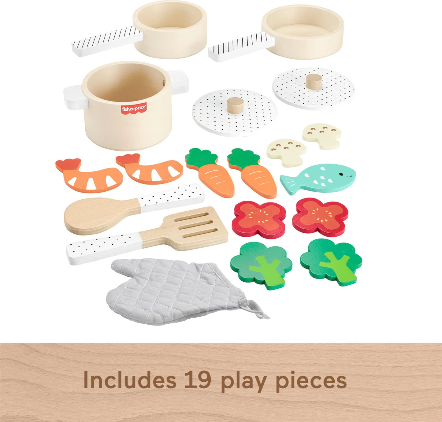 Fisher-Price Juego de ollas y sartenes de juguete de cocina de madera, 19 piezas