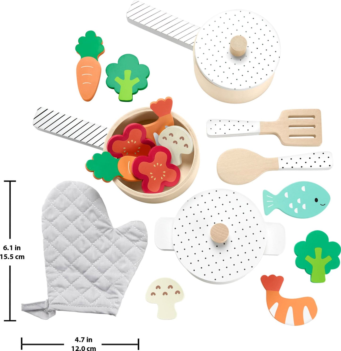 Fisher-Price Juego de ollas y sartenes de juguete de cocina de madera, 19 piezas