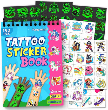 Partywind Libro de tatuajes temporales con brillo y purpurina de 192 estilos para niños, 16 temas