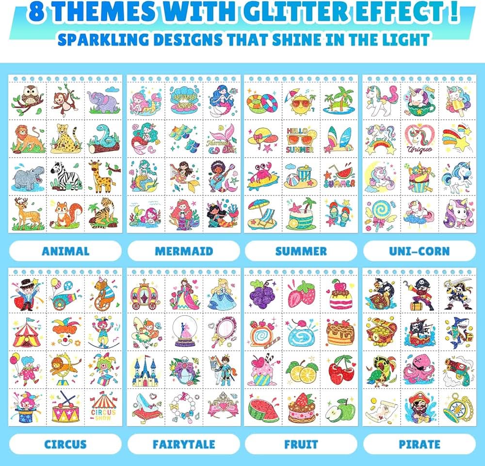 Partywind Libro de tatuajes temporales con brillo y purpurina de 192 estilos para niños, 16 temas
