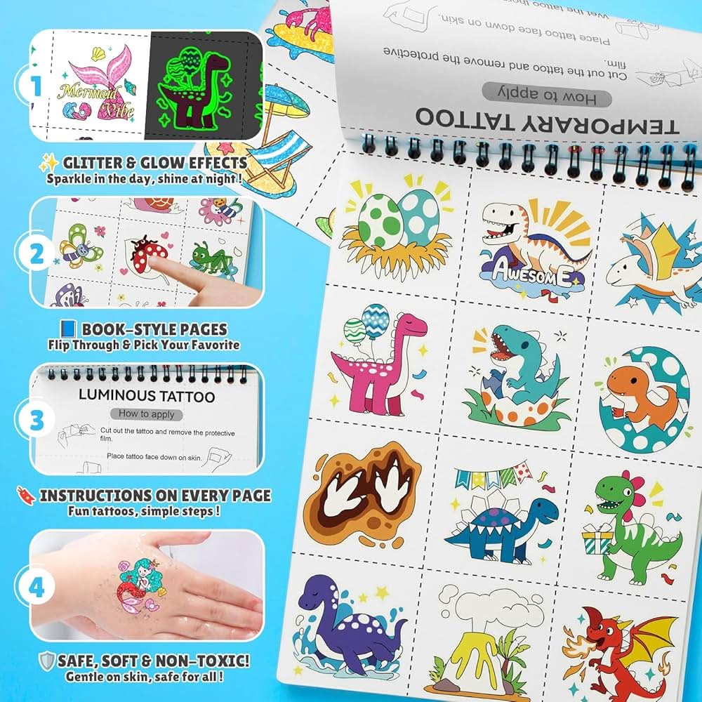 Partywind Libro de tatuajes temporales con brillo y purpurina de 192 estilos para niños, 16 temas