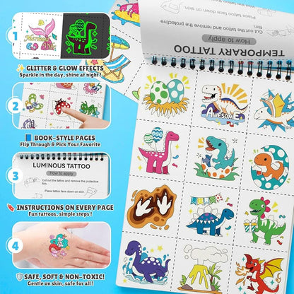 Partywind Libro de tatuajes temporales con brillo y purpurina de 192 estilos para niños, 16 temas