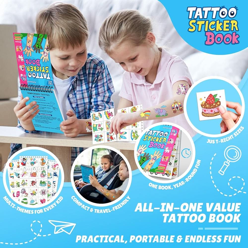 Partywind Libro de tatuajes temporales con brillo y purpurina de 192 estilos para niños, 16 temas
