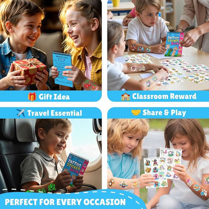 Partywind Libro de tatuajes temporales con brillo y purpurina de 192 estilos para niños, 16 temas