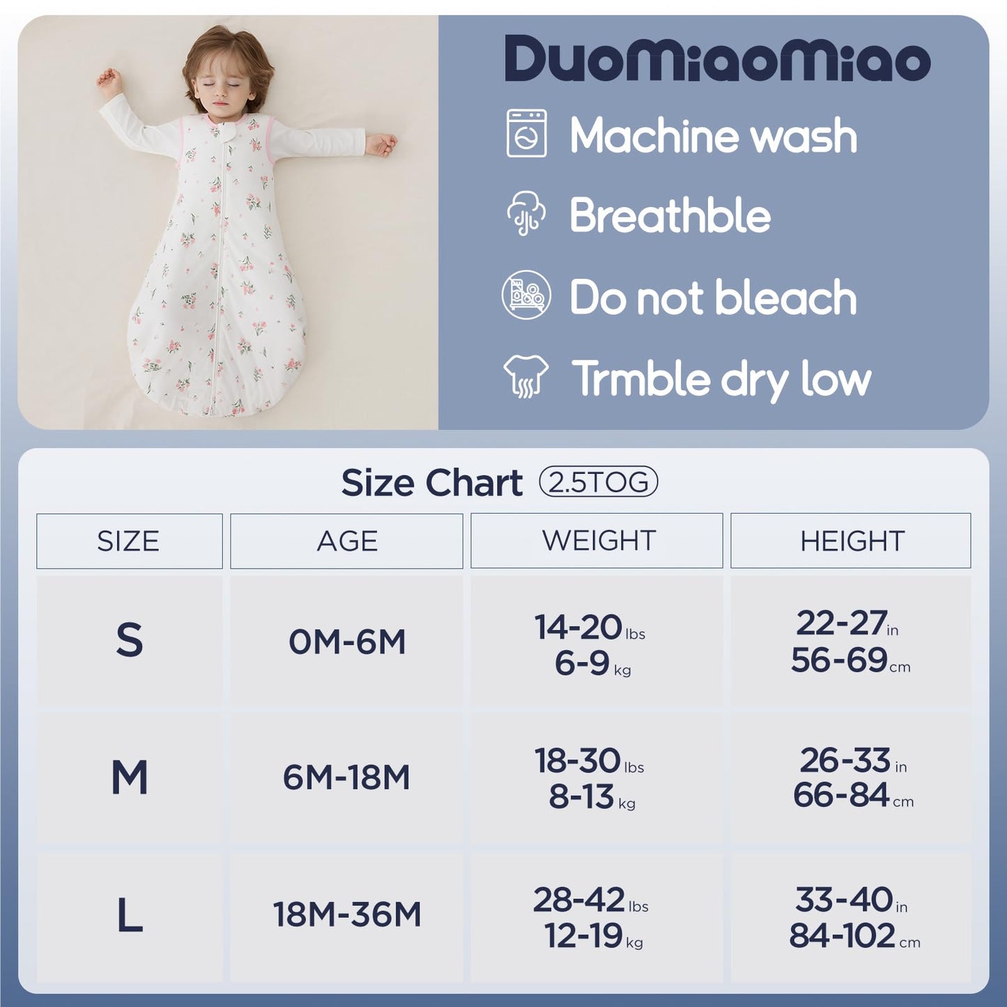 Duomiaomiao 1.5 TOG Saco de dormir para bebé, 100% algodón, 6-18 meses
