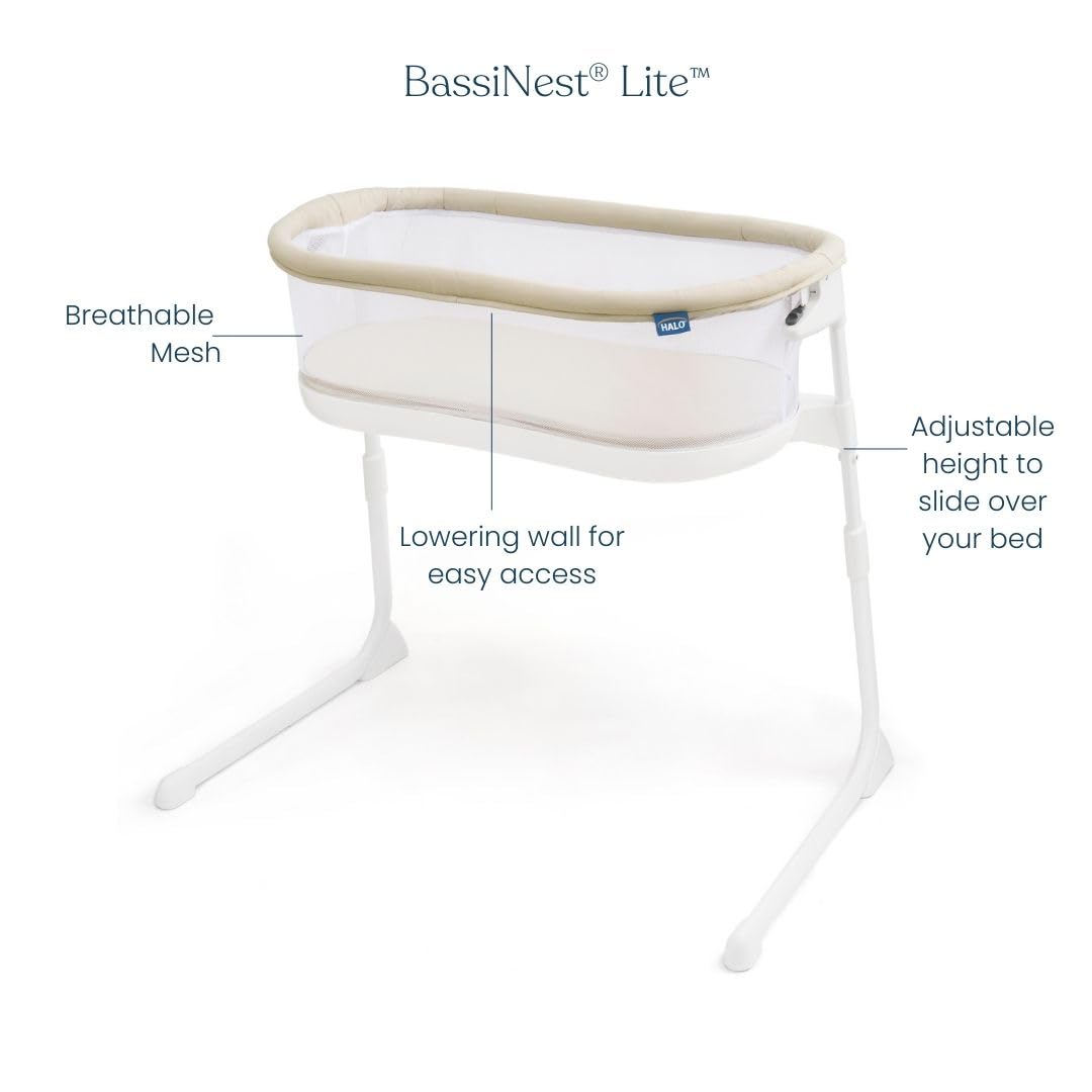 HALO® BassiNest® Lite – Moisés transpirable para bebé que se desliza sobre la cama con paredes de malla para flujo de aire y visibilidad