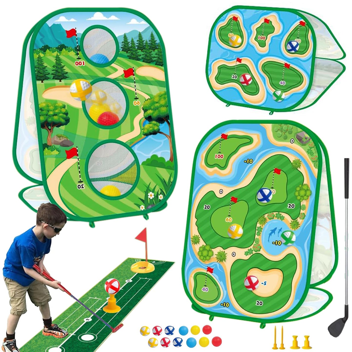 Set de golf infantil 4 en 1 con palo y tapete de práctica de putt