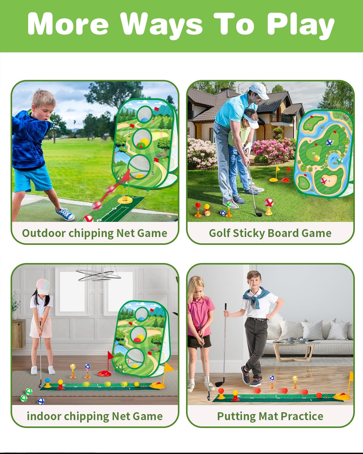 Set de golf infantil 4 en 1 con palo y tapete de práctica de putt