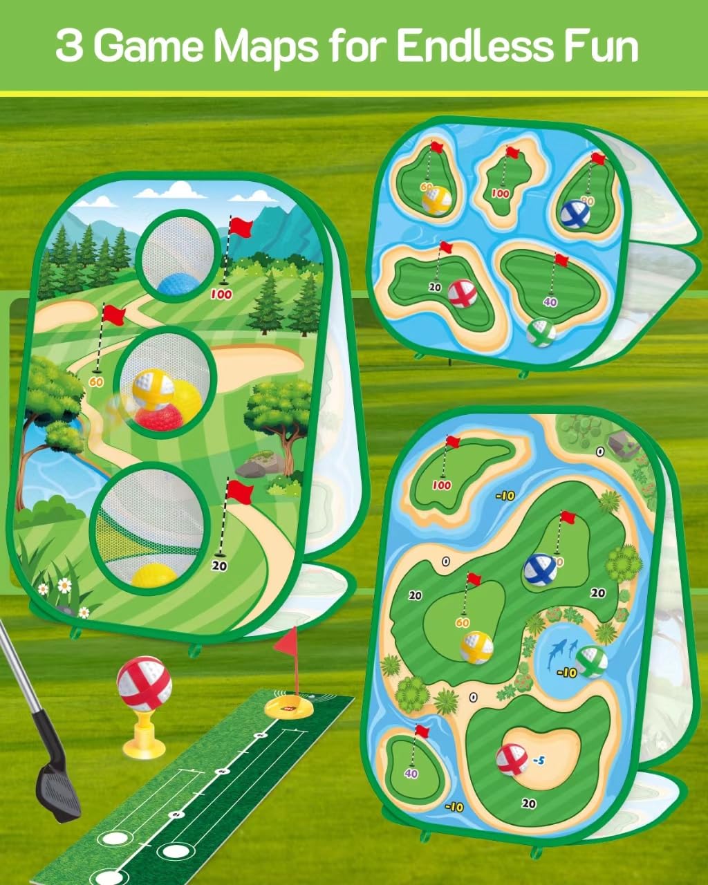 Set de golf infantil 4 en 1 con palo y tapete de práctica de putt