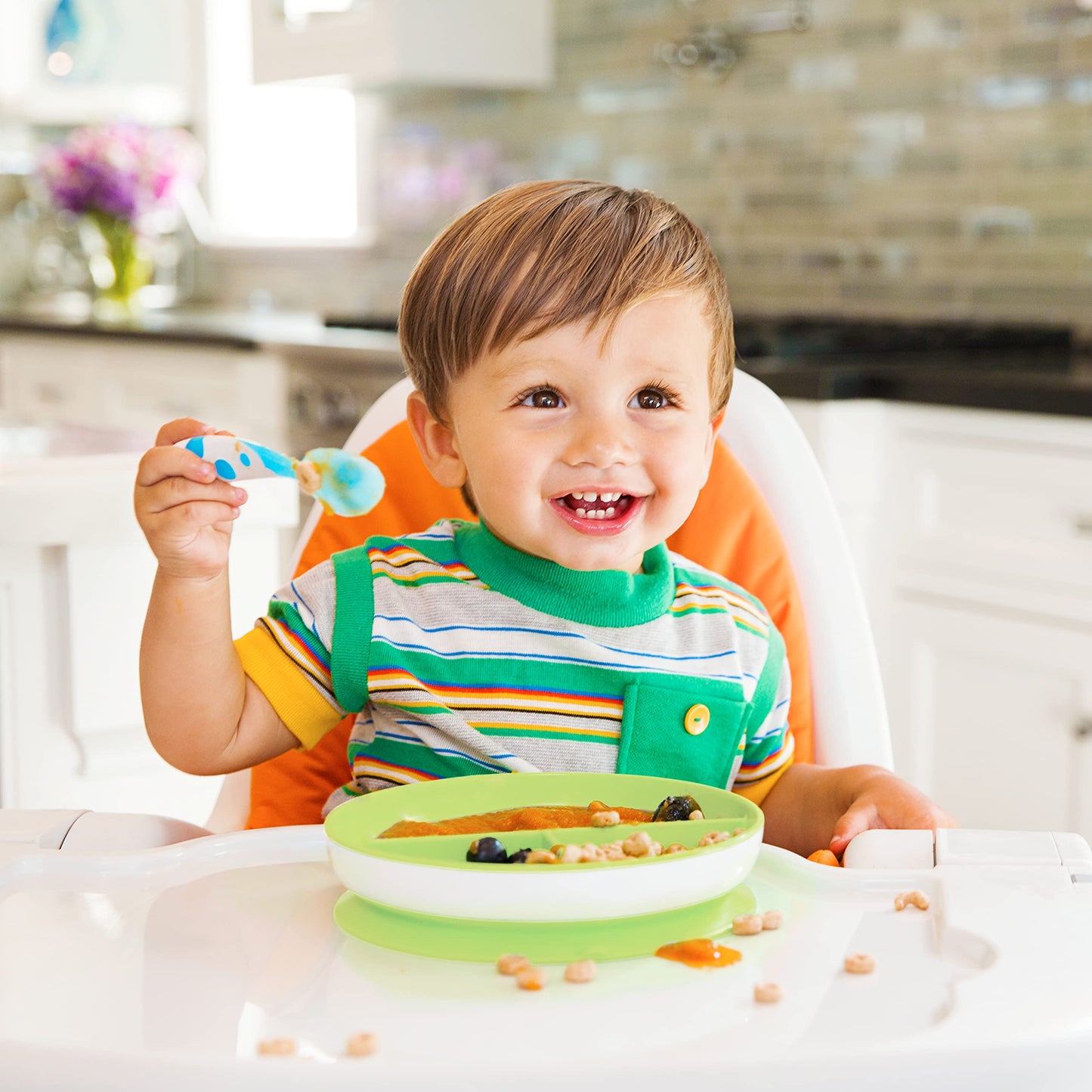 Munchkin Stay Put - Placas de succión para bebés y niños pequeños, 3 secciones divididas, azul/verde