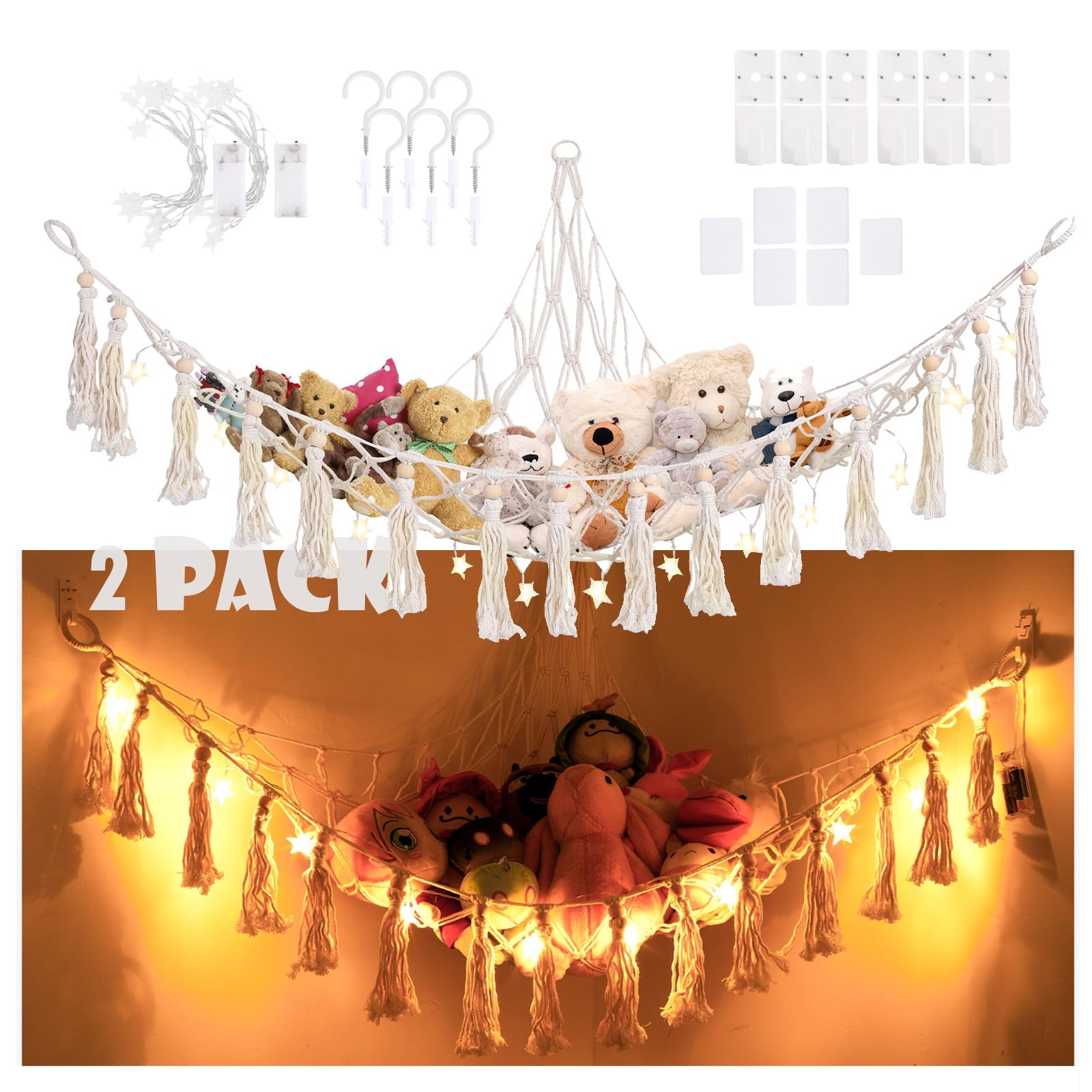 Hamaca de almacenamiento de animales de peluche con luz LED, paquete de 2 unidades