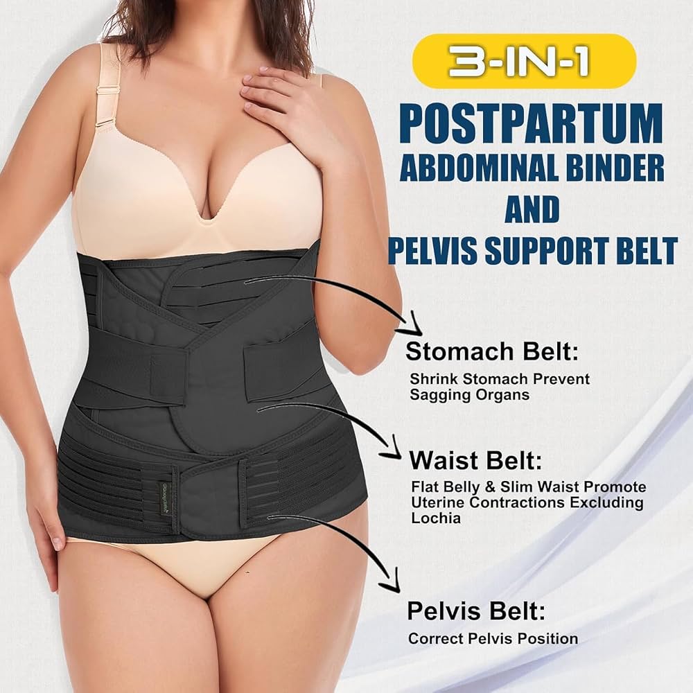 Banda para el vientre posparto 3 en 1, cinturón de recuperación para vientre/cintura/pelvis, banda posparto negra, talla L