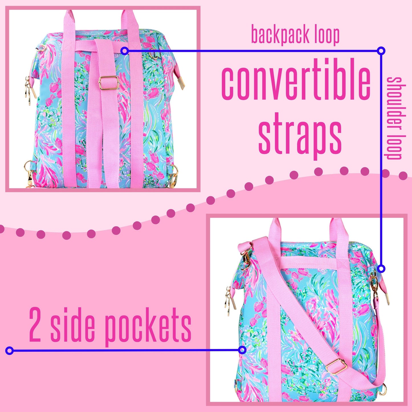 Lilly Pulitzer Mochila térmica térmica de gran capacidad, rosa/azul, portátil