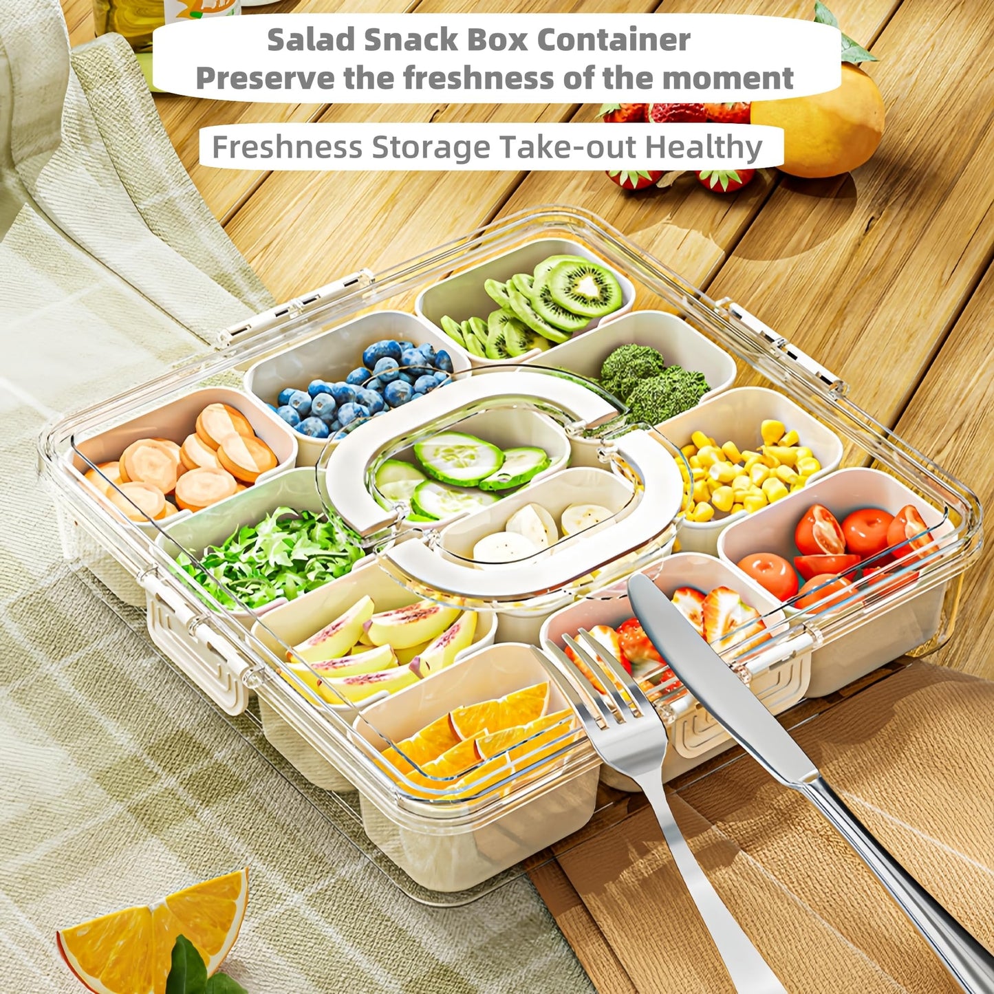 Contenedor para aperitivos, 12 compartimentos con tapa y asa dividida