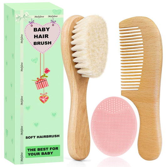 Juego de 3 cepillos de pelo de bebé con mango de madera y peine para recién nacidos