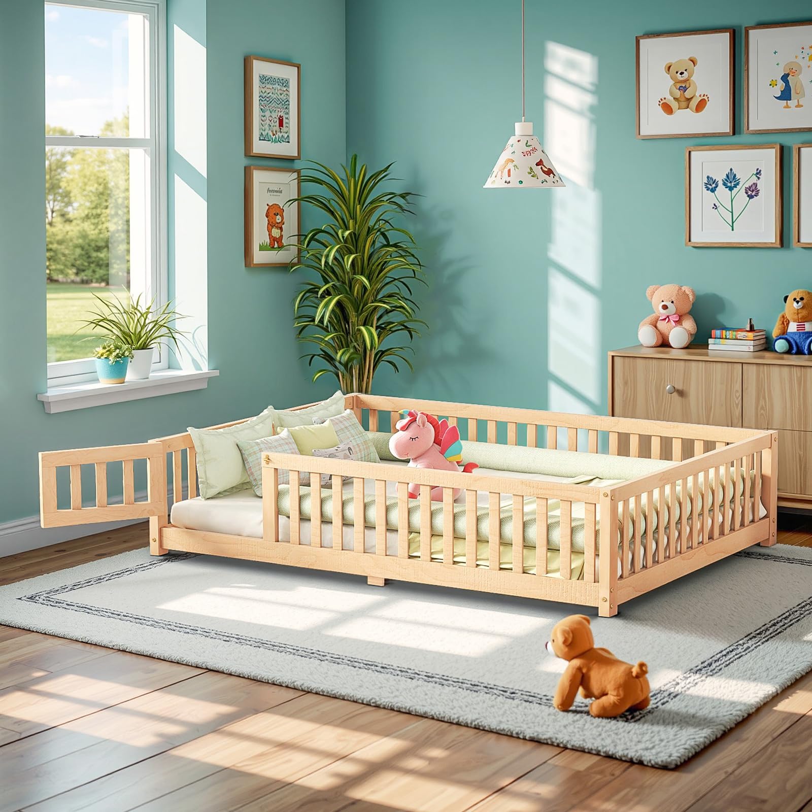 Cama Montessori de tamaño individual con barandillas de seguridad