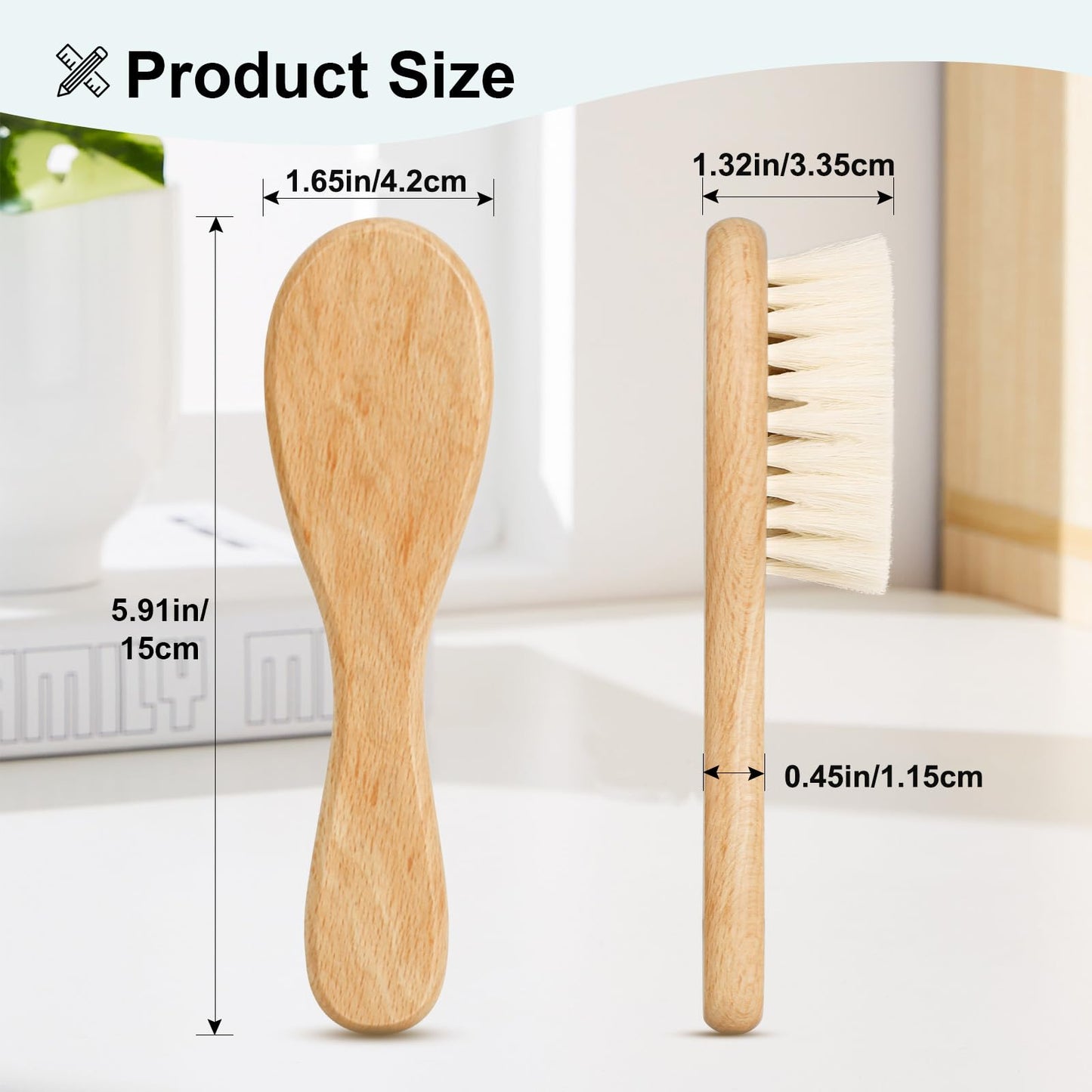 Juego de 3 cepillos de pelo de bebé con mango de madera y peine para recién nacidos