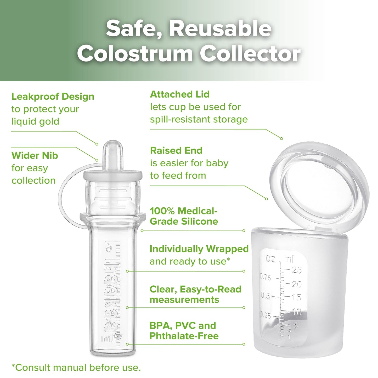 Colecctor de calostro haakaa 6ml/6 piezas y taza de alimentación con tapa 25ml/1 pieza Set - Colecta