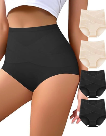 Ropa interior de cintura alta para mujer, con control de abdomen, de algodón, cobertura completa, paquete de 4 unidades, talla L