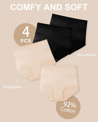 Ropa interior de cintura alta para mujer, con control de abdomen, de algodón, cobertura completa, paquete de 4 unidades, talla L