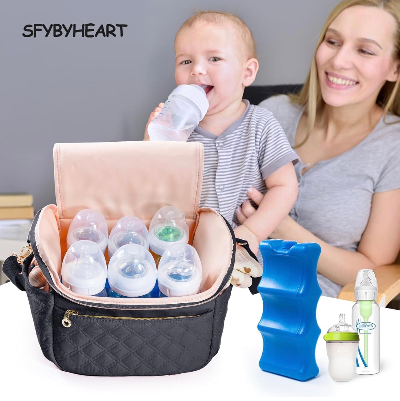 SFYBYHEART Bolsa de viaje enfriadora de leche materna con bolsa de hielo para 6 biberones de hasta 9 onzas