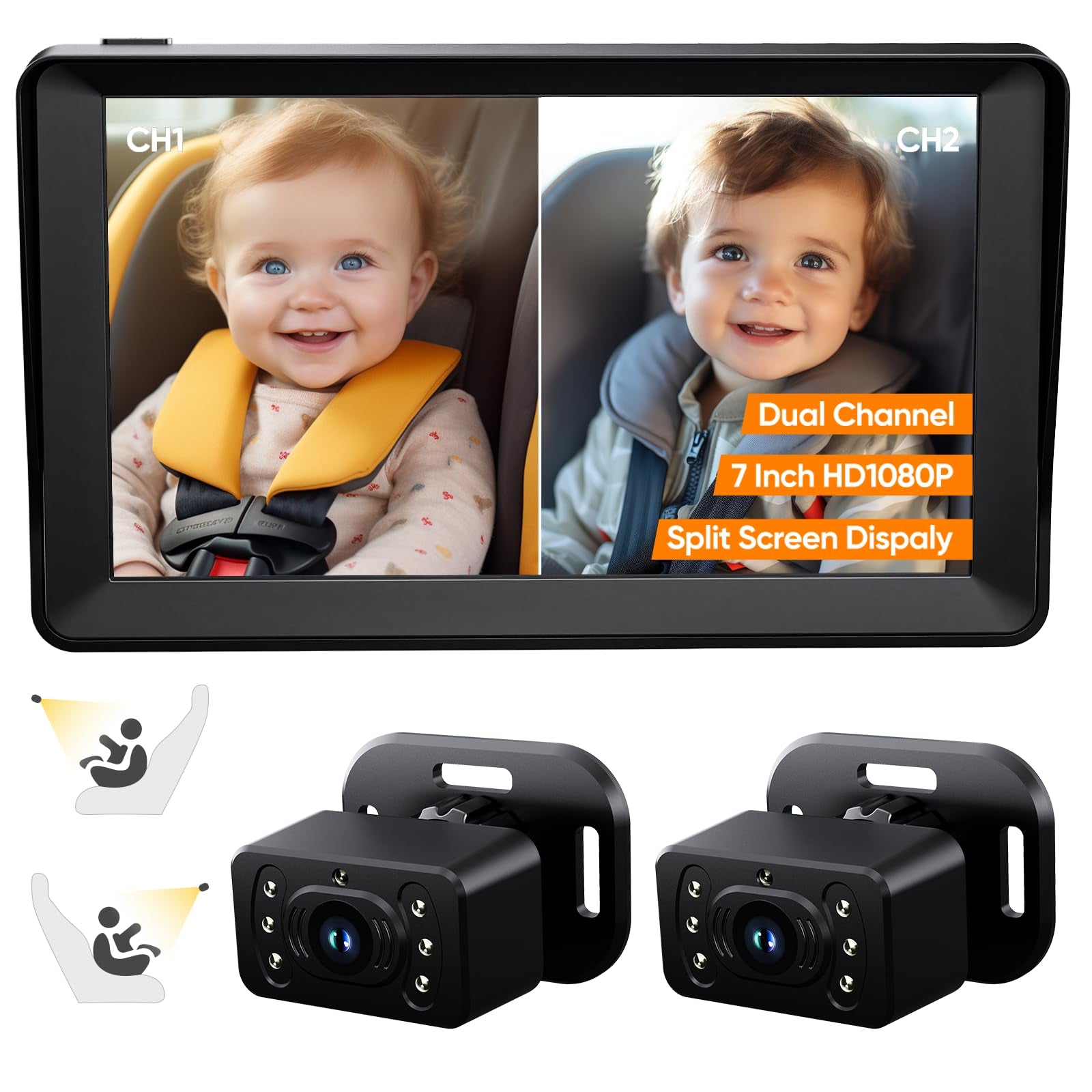 Cámara de coche para bebé para 2 niños, pantalla IPS de 7 pulgadas con doble cámara de asiento de automóvil